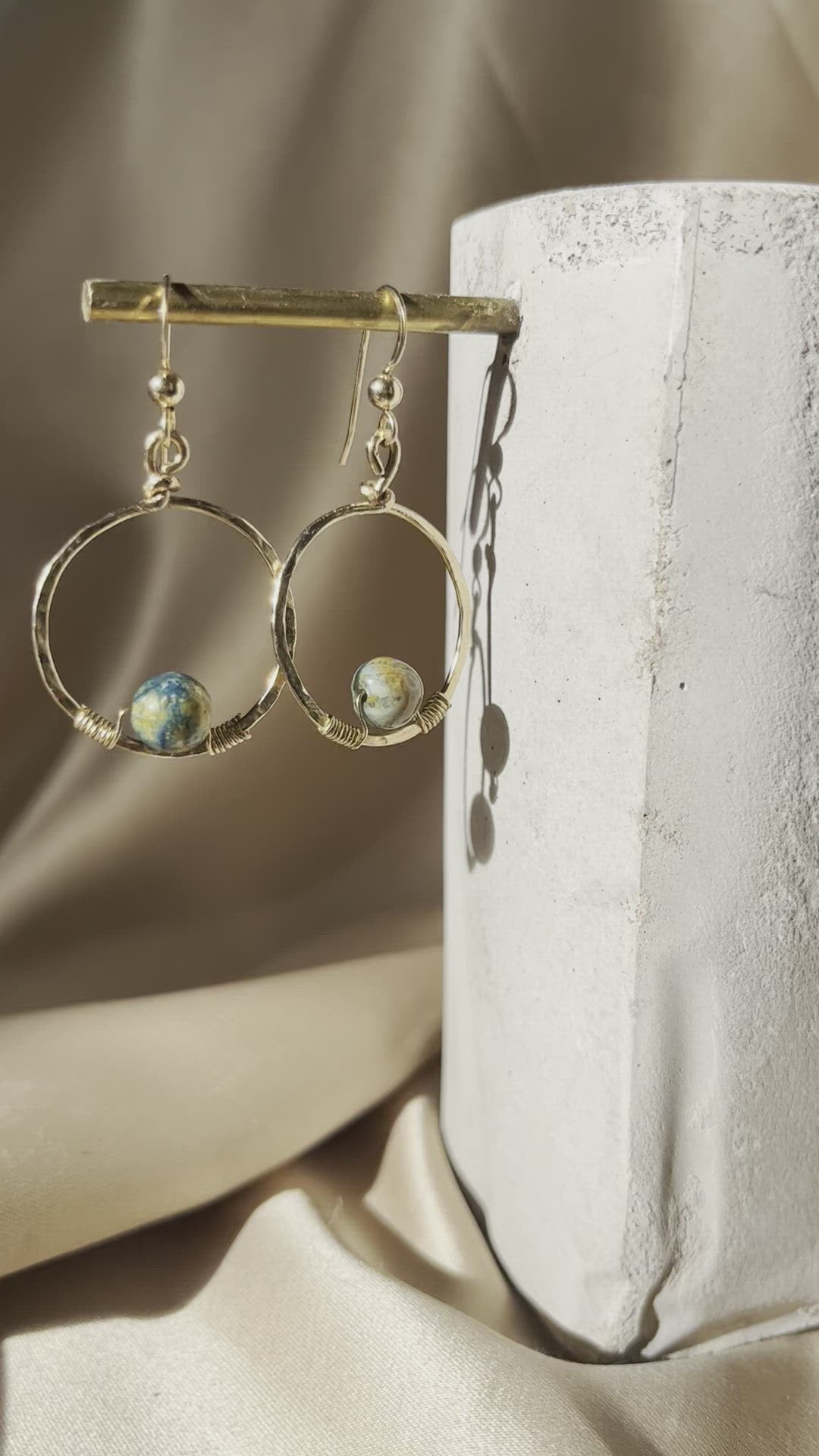 Mini Planet Hoop Earrings with 14k Gold Hand-Hammered Hoop