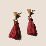 Load image into Gallery viewer, The Vibrant Berlin Stud Earrings _ Triangle stud with merlot red silk Tassel earrings on ears
