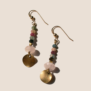 Handcrafted from the 14K Gold-filled wire hook, Natural Tourmaline gemstones, Natural Morganite gemstones and dazzling brass charms.