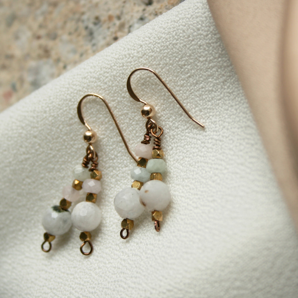 The Double the Fun in Paris is handcrafted from the 14K Gold-filled wire hook,  Natural Morganite, Natural Tourmaline Quartz  and dazzling brass charms.