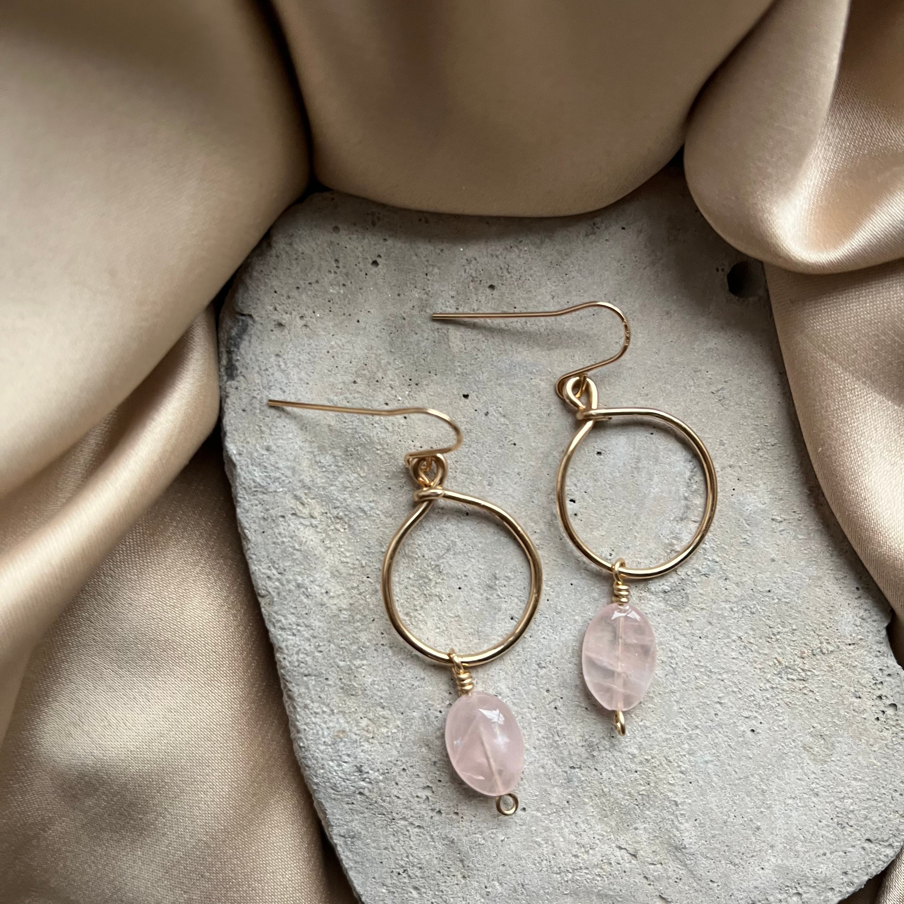 Rose Quartz Small Dangle Hoop 14k Gold Filled Earrings