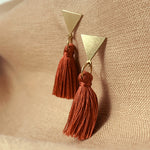 Load image into Gallery viewer, The Vibrant Berlin Stud Earrings _ Triangle stud with merlot red silk Tassel earrings ATOH_002
