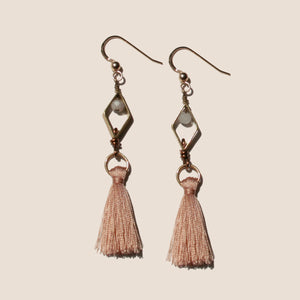 The Sky from Bucharest Earrings is handcrafted from the 14K Gold-filled wire hook, premium Japanese silk thread, Natural Morganite with dazzling brass charm.