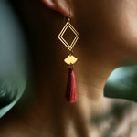 Load image into Gallery viewer, Around the Campfire Earrings_Merlot_red_silk_tassel_drop_dangle_14k_gold_earrings _ ATOH_003
