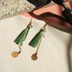 Load image into Gallery viewer, A_Day_in_Cape_Town_ Statement_Green_Silk_Tassels_Drop_Dangle_14k_Gold_Earrings_ATOH_007
