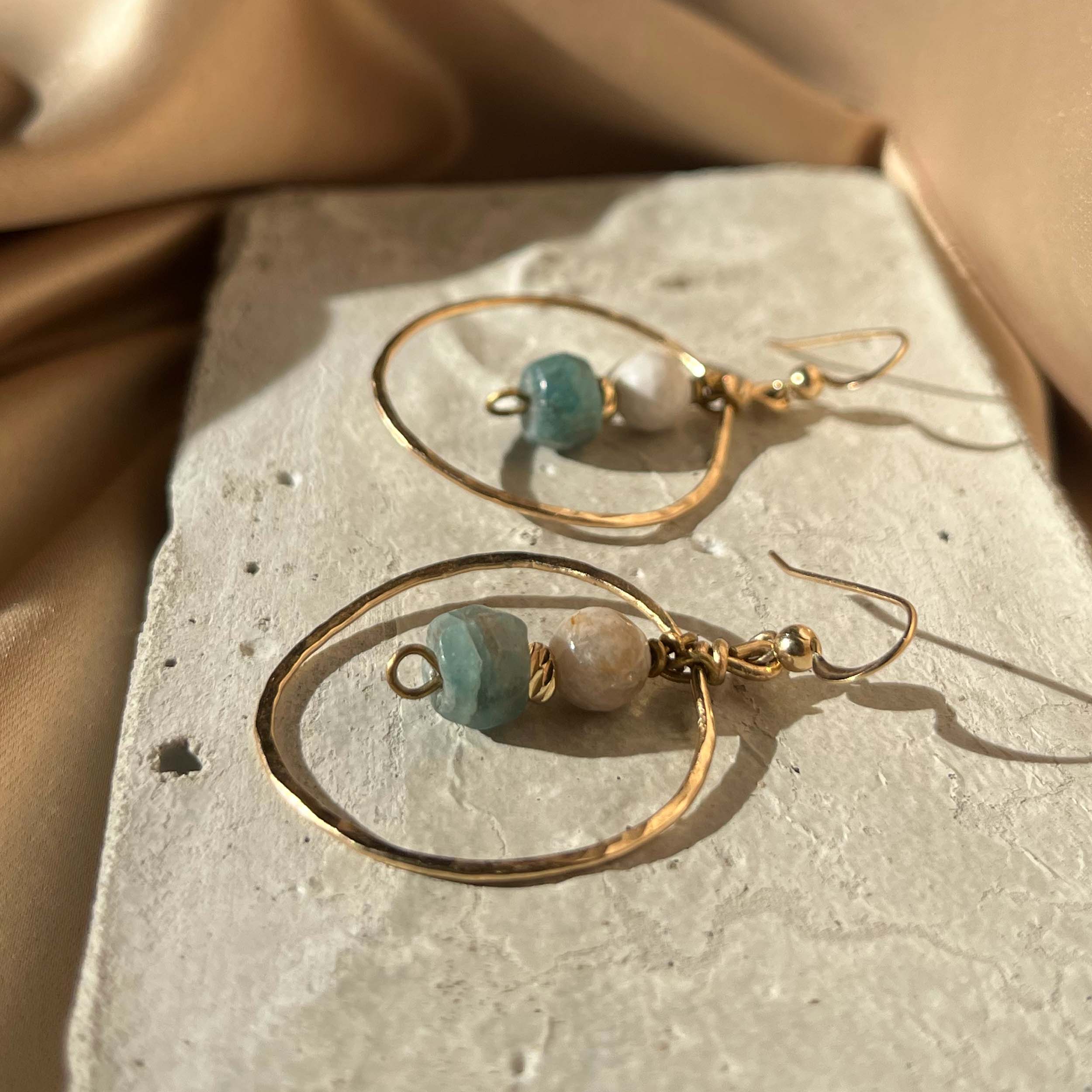 Blue Appetite Hoop Earrings with 14k Gold Filled Hand-Hammered Hoop