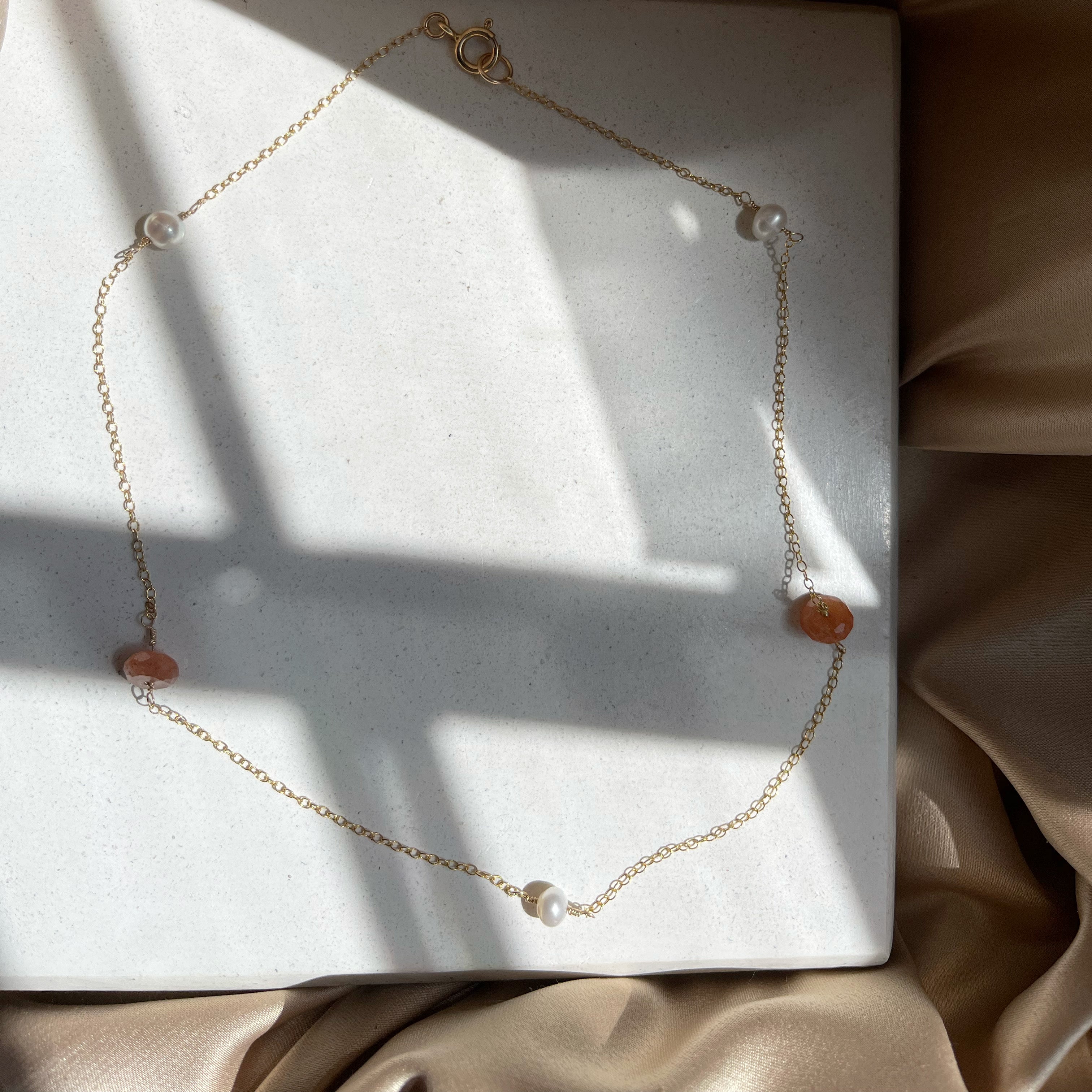 14k Gold Filled Dainty Pearl and Sunstone Choker