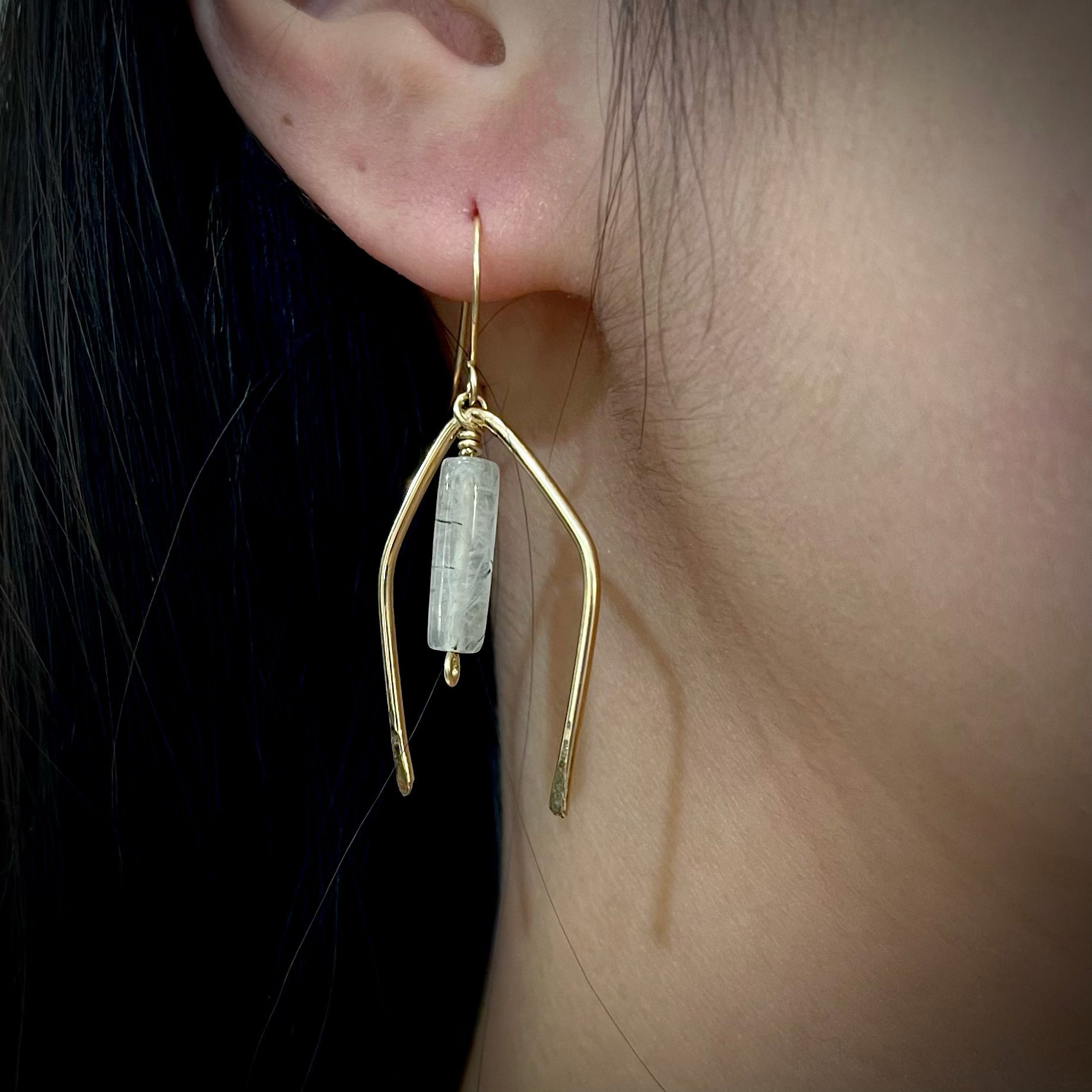 Black Rutilated Quartz Wishbone 14k Gold Filled Earrings