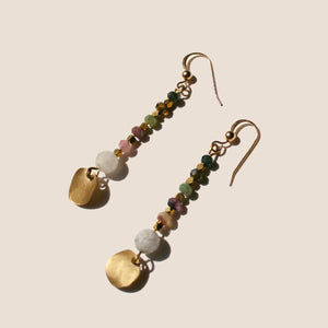 The Sunset at Taj Mahal Earrings is handcrafted from the 14K Gold-filled wire hook, Natural Tourmaline gemstones, Natural Tourmaline Quartz and dazzling brass charms.