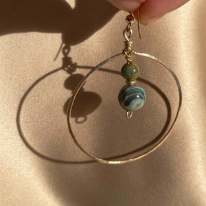 Large Planet Hoop Earrings with 14k Gold-filled Hand-Hammered Hoop