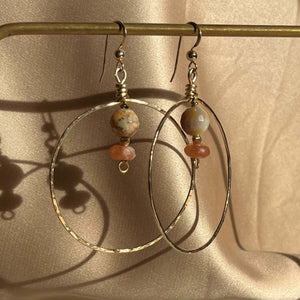 Large Sunstone Hoop Earrings with 14k Gold-Filled Hand-Hammered Hoop