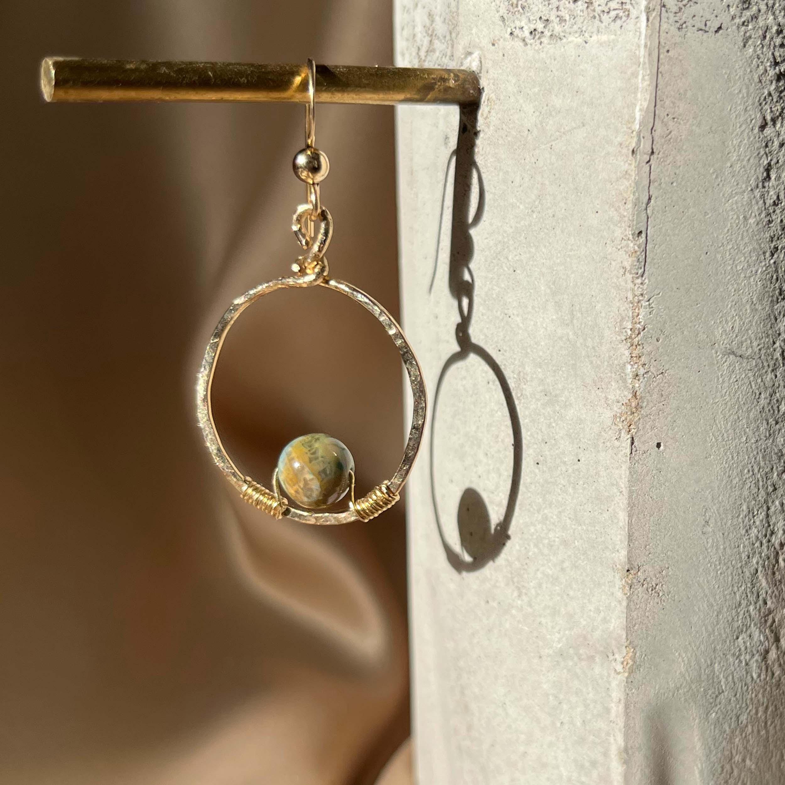 Mini Planet Hoop Earrings with 14k Gold Hand-Hammered Hoop