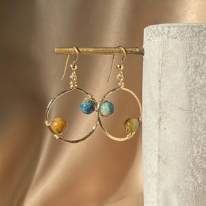 Planetary twins Hoop Earrings with 14k Gold Hand-Hammered Hoop